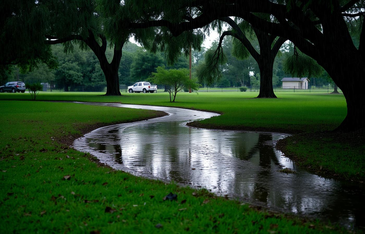 Rain runoff pooling across a shaded lawn under large trees