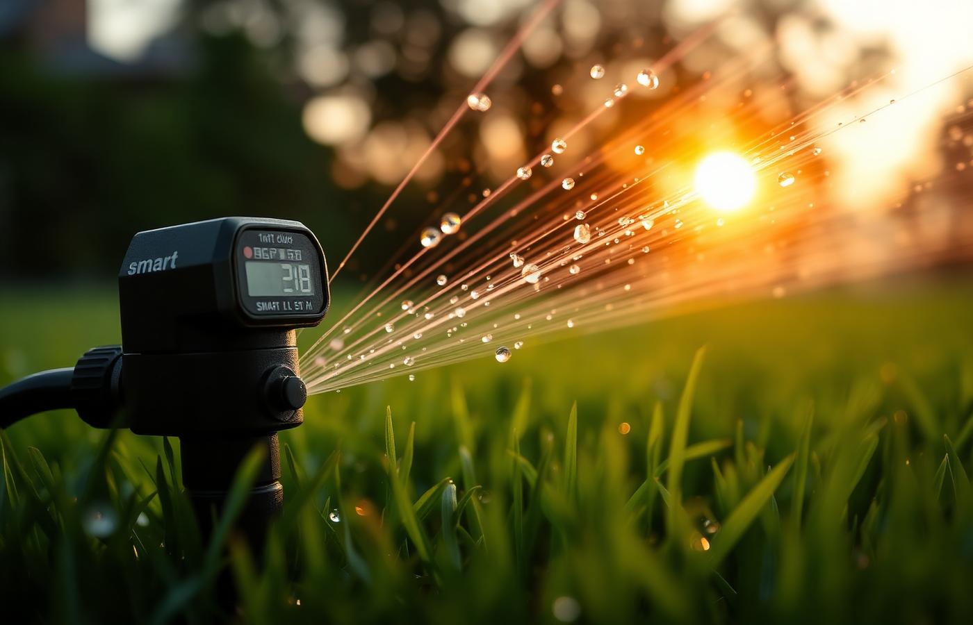 Irrigation controller and sprinkler spray over green lawn at sunrise