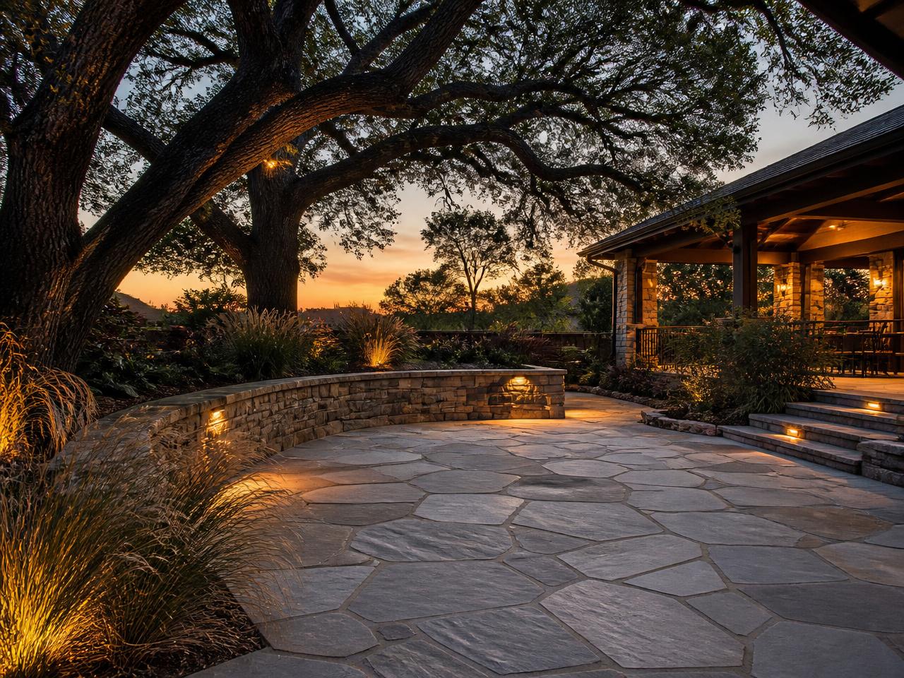 Conceptual hardscape and seating area at dusk